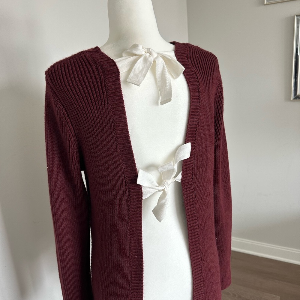 BCBGMAXAZRIA Elegant Burgundy Open-Back Sweater with Bows, S/M